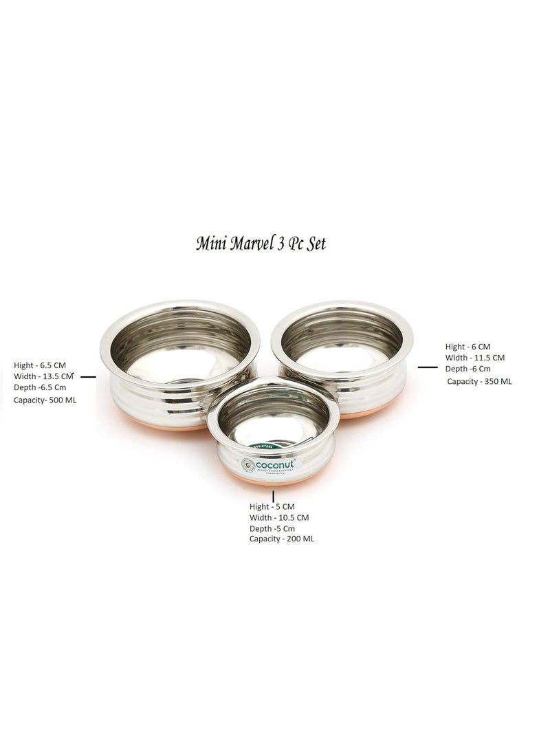 Coconut Coconut Stainless Steel & Copper Bottom Marvel Mini Handi (Without Handle & Lid) 3 Piece Set (Capacity - 150ML, 250ML & 350ML)  - Image 4
