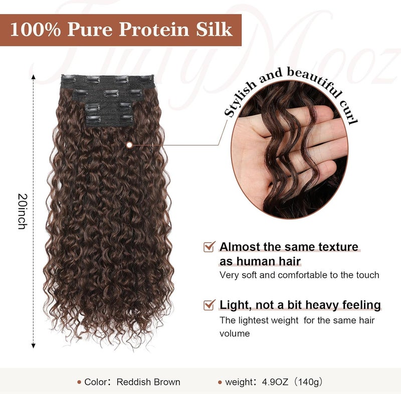 Flufymooz Clip in Hair Extensions, 4PC 100％ Pure Protein Silk Hair Extensions Long Soft Natural Hairpiece 20 Inch Curly Hairpiece for Women (Reddish Brown) - Image 2