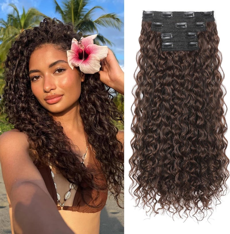 Flufymooz Clip in Hair Extensions, 4PC 100％ Pure Protein Silk Hair Extensions Long Soft Natural Hairpiece 20 Inch Curly Hairpiece for Women (Reddish Brown) - Image 1