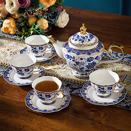 ACMLIFE Bone China Tea Set for Adults, Blue and White Tea Set for 4, Porcelain Vintage Floral China Tea Sets for Women Gift with Teapot (Blue and White) - Image 2