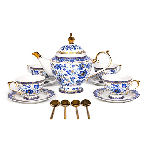 ACMLIFE Bone China Tea Set for Adults, Blue and White Tea Set for 4, Porcelain Vintage Floral China Tea Sets for Women Gift with Teapot (Blue and White) - Image 1