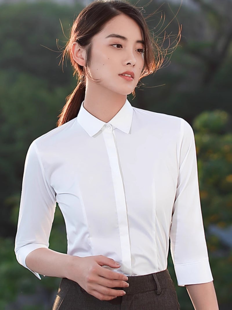 White Shirt Women'S Short-Sleeved New Cotton Shirt Professional Formal Top Work Clothing Business Work Clothes Slimming Look V Neck - Image 3