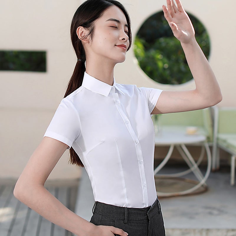 White Shirt Women'S Short-Sleeved New Cotton Shirt Professional Formal Top Work Clothing Business Work Clothes Slimming Look V Neck - Image 1