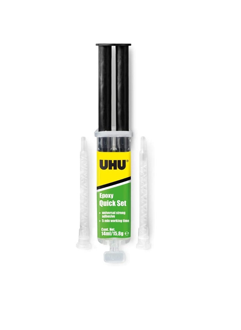 UHU - UHU Quickset Adhesive, Universal, Fast And Strong, 2 Component Epoxy Resin Repair Glue, Easy Mix Syringe 14 ML, Transparent - Image 1