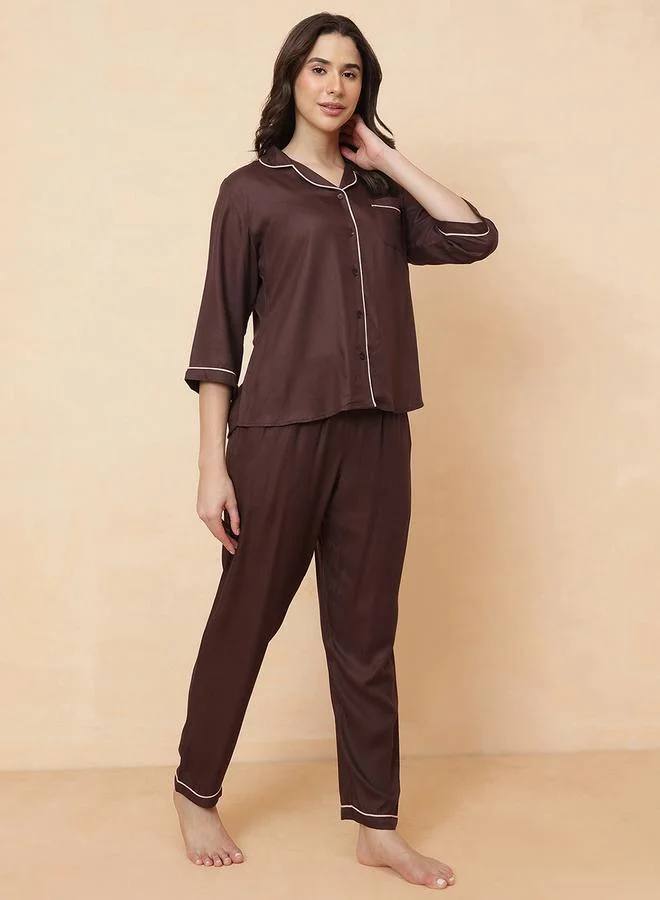 Clovia Brown Solid Knitted Pyjama Set With 3/4 Sleeves