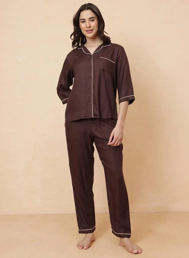 Clovia Brown Solid Knitted Pyjama Set With 3/4 Sleeves
