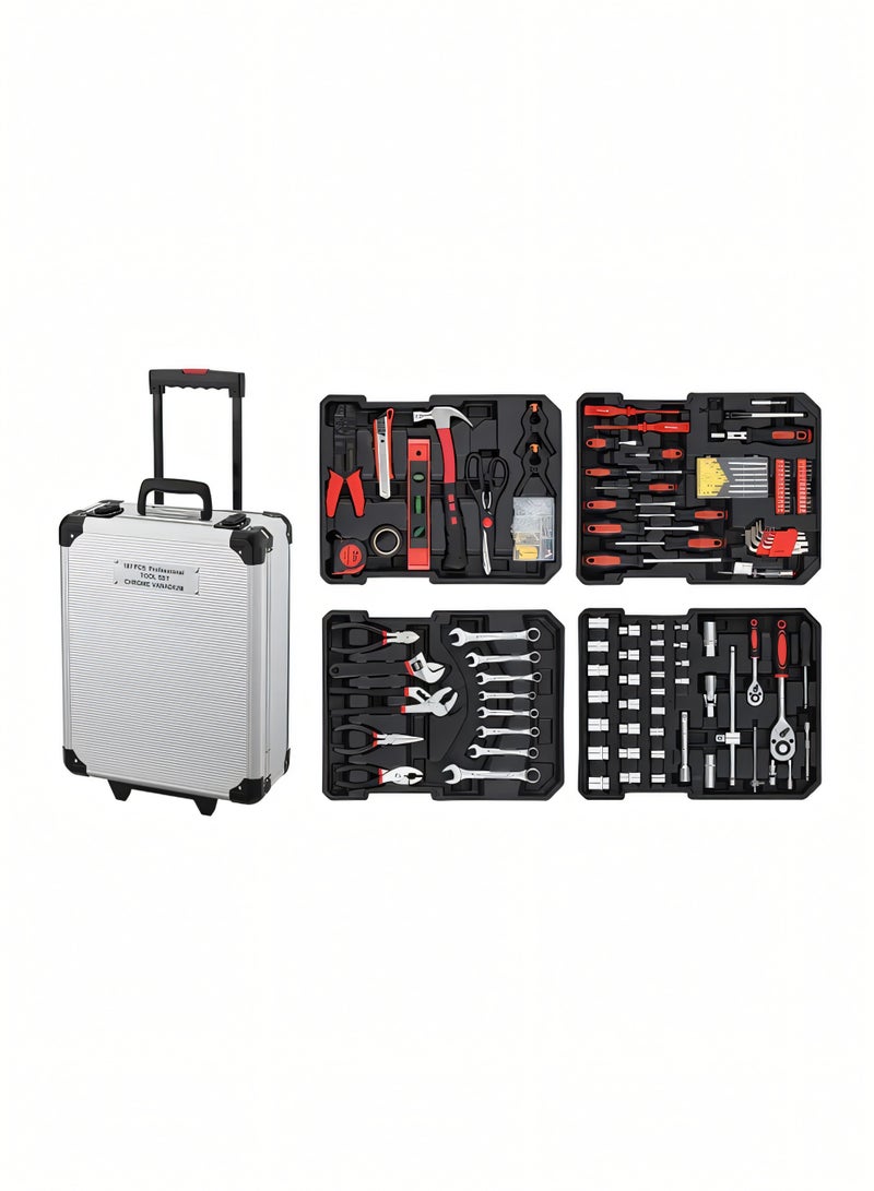 يو إل اتش واي سي مجموعة أدوات احترافية مكونة من 187 قطعة، مجموعة أدوات يدوية منزلية، مجموعة أدوات إصلاح السيارات مع حقيبة عربة من الألومنيوم، فضي - Image 2