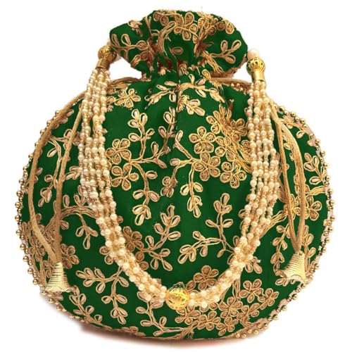 IGH Indian Ethnic Green Potli Bag Ladies Handbag Hand for Bridal with Batwa Pearls Handle Clutch - Image 1