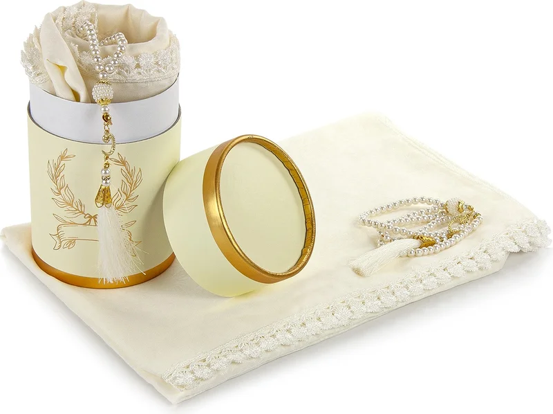 İhvan Online Cylinder Boxed Set - With Pearl Prayer Beads - Cotton Patterned Scalloped Mawlid Cover - Cream Color