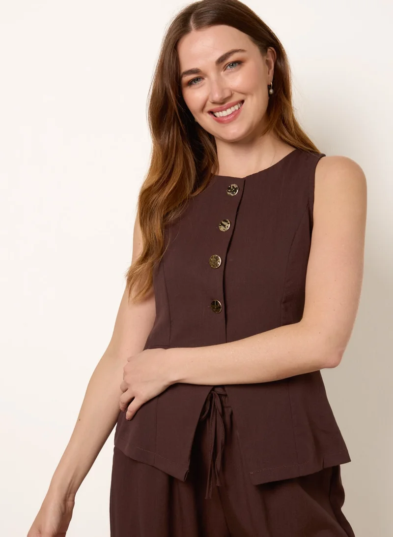 Blue Vanilla Round Neck Button Through Vest &amp; Trouser Set