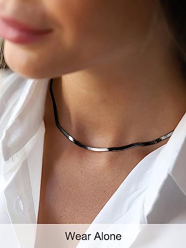 FOCALOOK Snake Chain Necklace Herringbone Necklace Black Choker Necklaces for Women 3MM(W) 12+3.5"(L) - Image 2