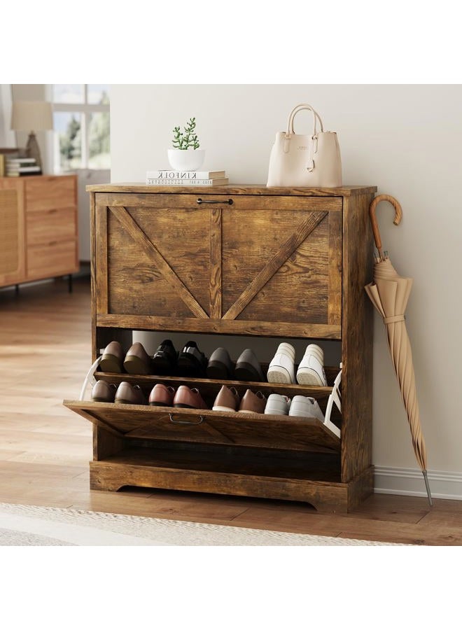Smart FENDEE Shoe Cabinet, Shoe Storage Cabinet for Entryway with 2 Flip Drawers, Narrow Farmhouse Shoe Organizer Cabinet, Slim Shoe Rack Cabinet, 31.5 in Rustic Brown - Image 1