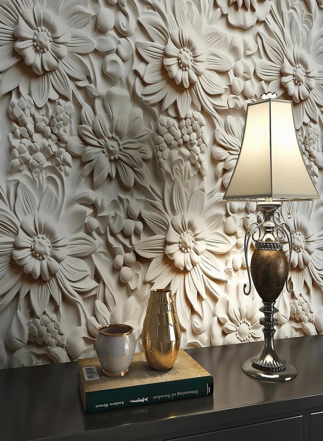 FunStick Off White 3D Floral Wallpaper Peel and Stick Embossed Flower Wallpaper for Bedroom Removable White Contact Paper Peel and Stick Wall Paper Decor for Bathroom Walls Cabinets Ceiling 17.5"x118" - Image 2