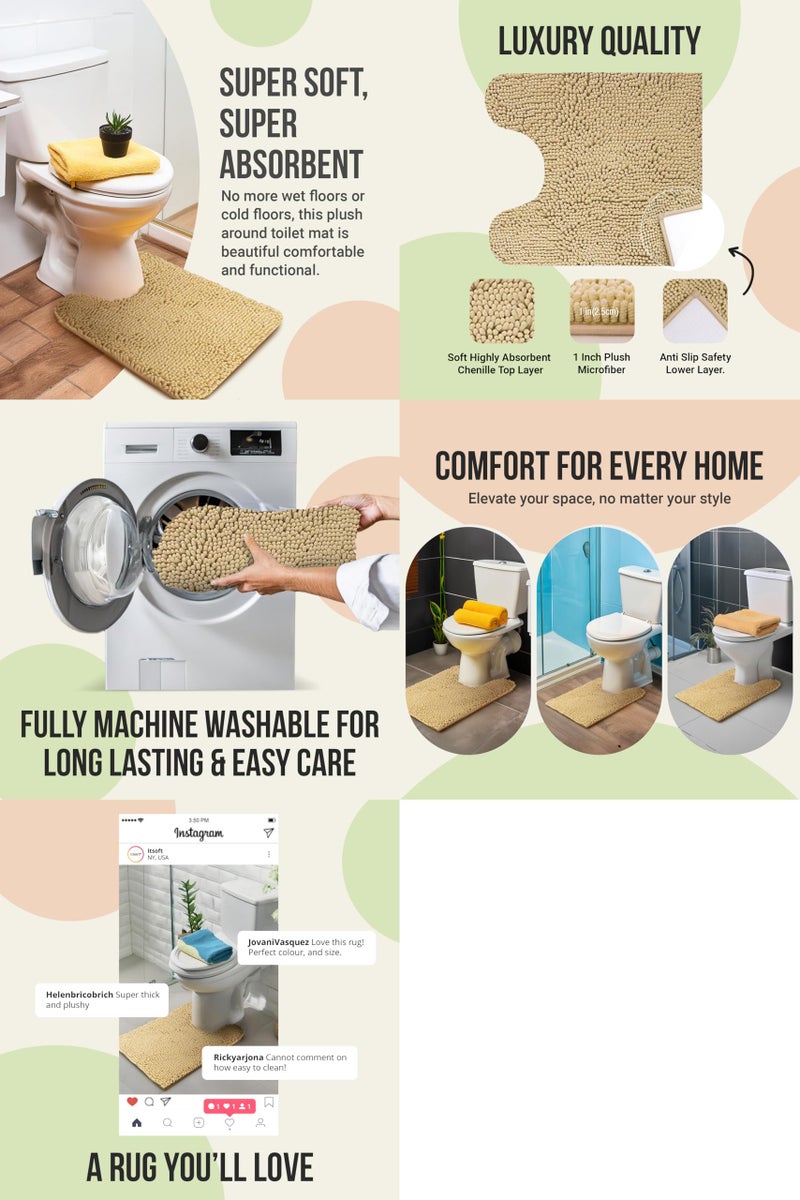 ITSOFT Non-Slip Shaggy Chenille Toilet Contour Bathroom Rug with Water Absorbent, 24 x 21 Inches U-Shaped Beige - Image 3