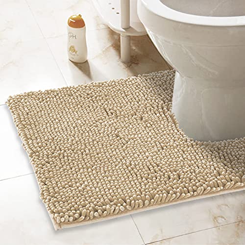 ITSOFT Non-Slip Shaggy Chenille Toilet Contour Bathroom Rug with Water Absorbent, 24 x 21 Inches U-Shaped Beige - Image 1