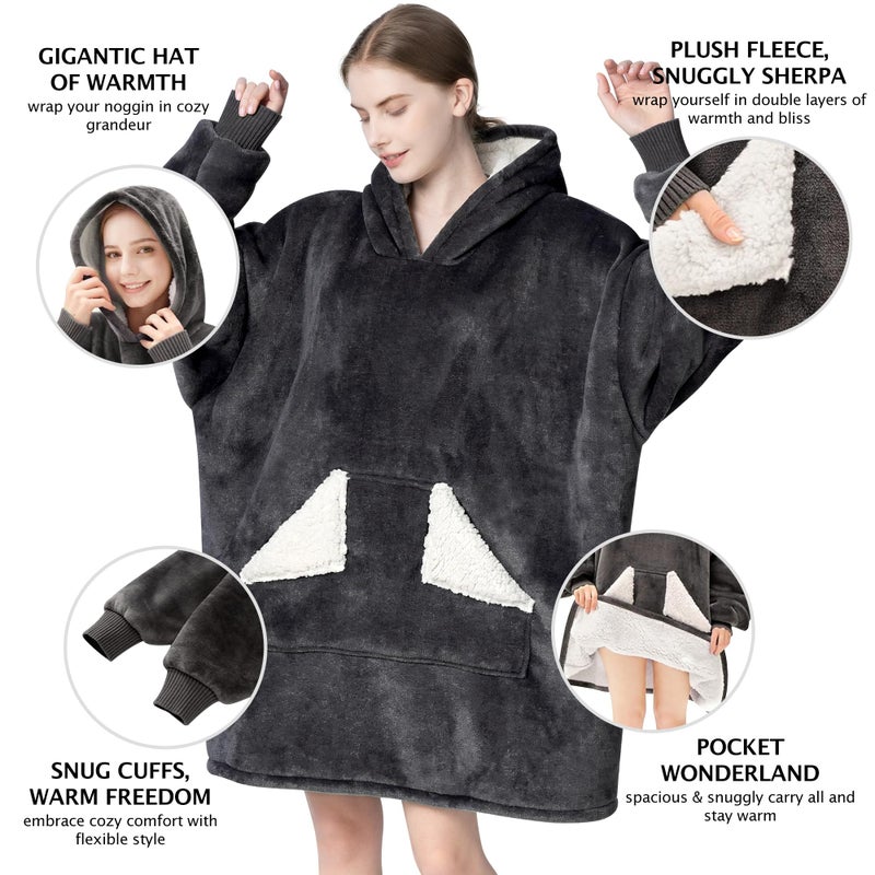 Touchat Wearable Blanket Hoodie, Oversized Sherpa Fleece Sweatshirt Blanket with Giant Hood Pocket and Sleeves for Adult, Warm & Cozy Grey Blanket Gifts for Women - Image 3