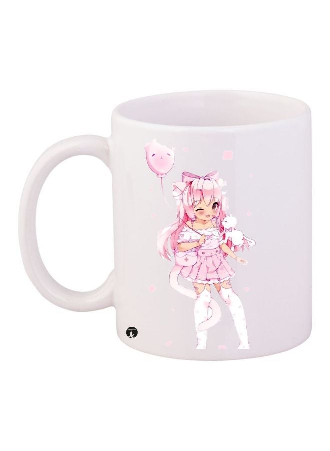 RYN Cartoon Girl Printed Coffee Mug White/Pink/Beige 11ounce