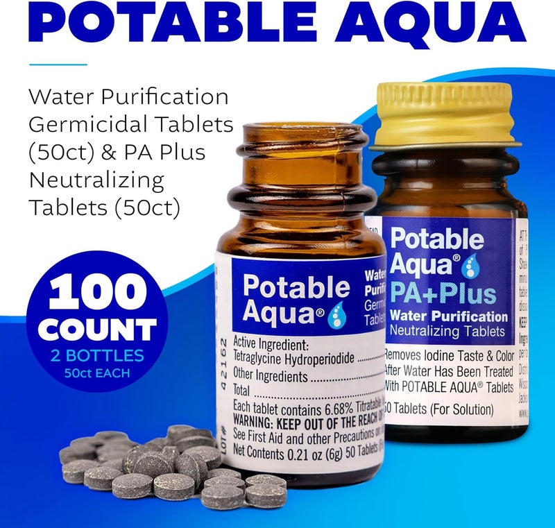 Potable Aqua Water Purification Tablets with PA Plus - Effective Water Treatment for Camping, Hiking, Emergencies, and Travel - Two 50ct Bottles - Image 3
