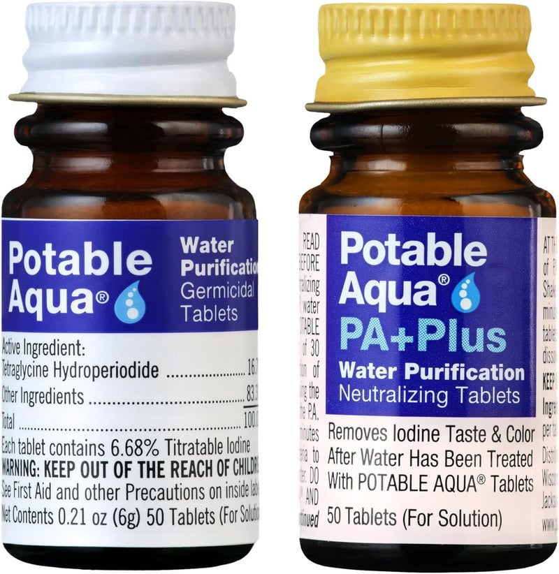 Potable Aqua Water Purification Tablets with PA Plus - Effective Water Treatment for Camping, Hiking, Emergencies, and Travel - Two 50ct Bottles - Image 1