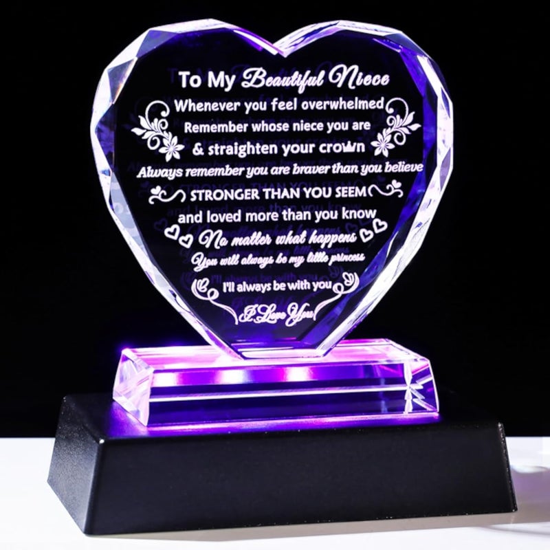 هدايا YWHL لابنة الأخ من العمة، هدايا عيد ميلاد وتخرج ملهمة لابنة الأخ، تذكار على شكل قلب من الكريستال مع قاعدة مضيئة، هدايا لابنة أخي، هدايا عيد الميلاد وعيد الحب وعيد الأم من العمة