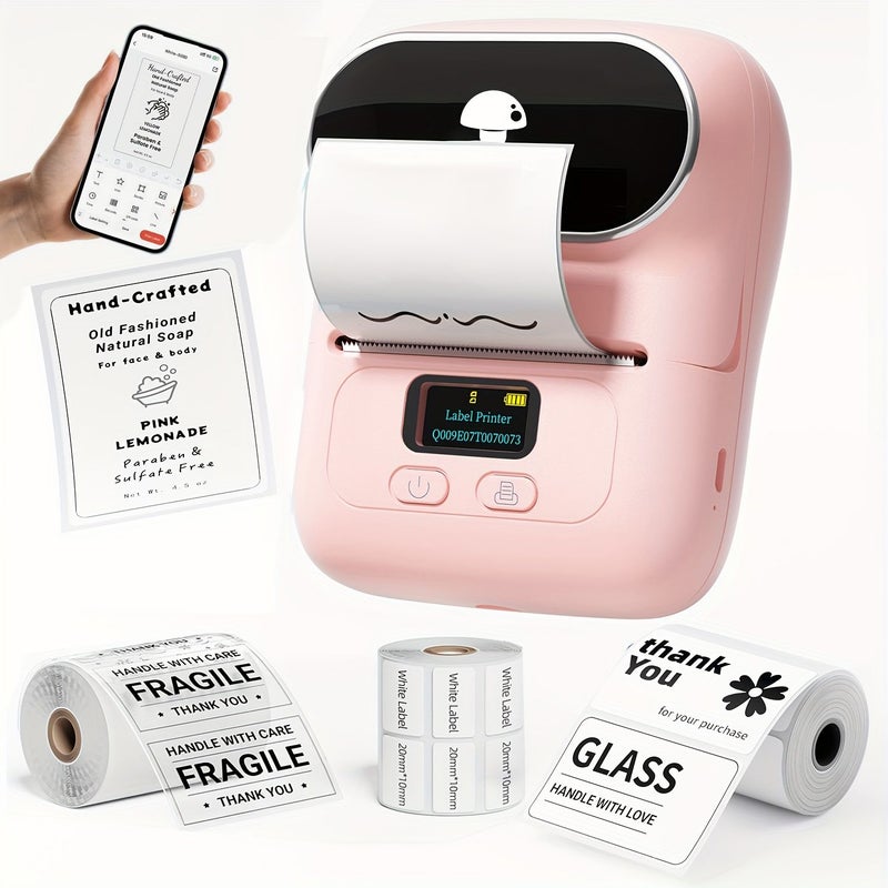 Phomemo M110 Label Maker Pink Thermal Printer with 3 Roll Labels for Home and Small Business - Image 1