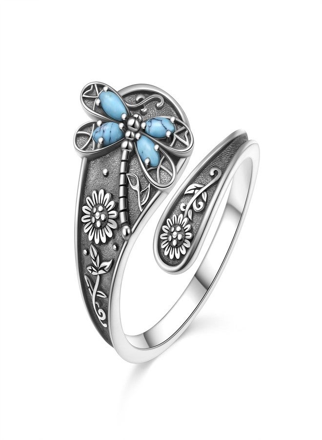 Flyow Adjustable Lab Turquoise Dragonfly Ring for Men Women 925 Sterling Silver Oxidation Antique Floral Jewelry Sunflower Spoon Inspirational Band Rings - Image 1