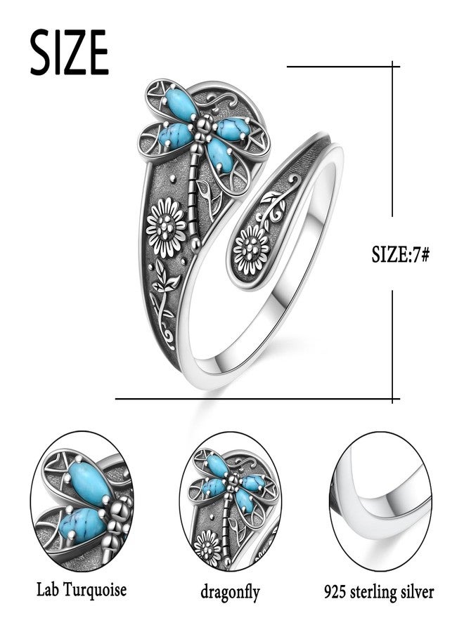 Flyow Adjustable Lab Turquoise Dragonfly Ring for Men Women 925 Sterling Silver Oxidation Antique Floral Jewelry Sunflower Spoon Inspirational Band Rings - Image 2