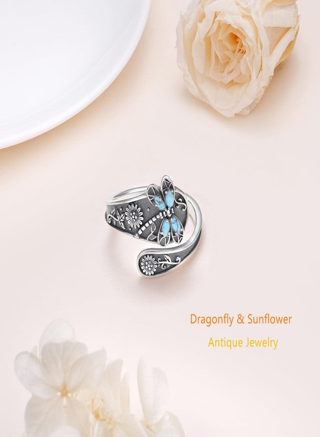 Flyow Adjustable Lab Turquoise Dragonfly Ring for Men Women 925 Sterling Silver Oxidation Antique Floral Jewelry Sunflower Spoon Inspirational Band Rings - Image 5