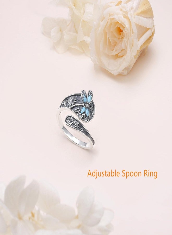 Flyow Adjustable Lab Turquoise Dragonfly Ring for Men Women 925 Sterling Silver Oxidation Antique Floral Jewelry Sunflower Spoon Inspirational Band Rings - Image 4