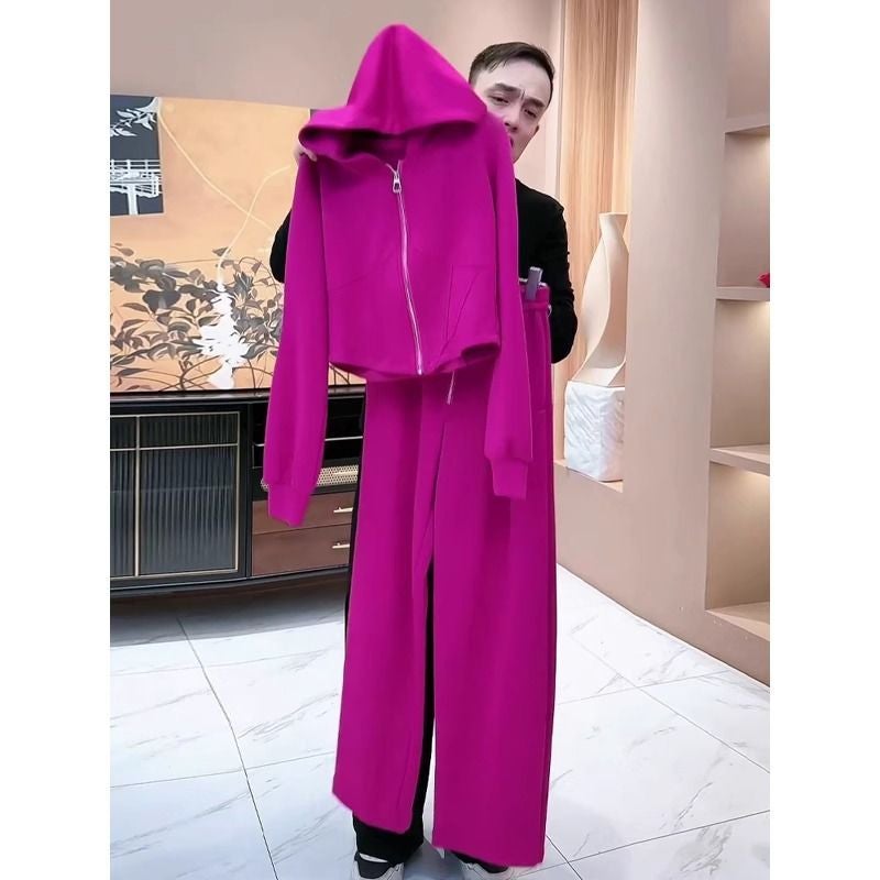Women's Casual Tracksuit Set with Cropped Jacket (Rose Red) - Image 4