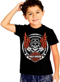 Rock&Roll Biker Skull Black Short Sleeve Unisex Kids T-Shirt  - Image 1