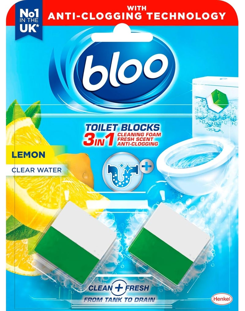Bloo 3 in 1 Lemon Toilet Cistern Blocks Pack of 2 Anti Clogging Deep Cleaning Foam In Tank Toilet Cleaner Long Lasting Fresh Scent Clear Water Technology Hygiene Toilet Care - Image 1