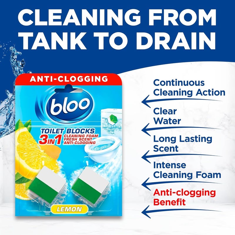 Bloo 3 in 1 Lemon Toilet Cistern Blocks Pack of 2 Anti Clogging Deep Cleaning Foam In Tank Toilet Cleaner Long Lasting Fresh Scent Clear Water Technology Hygiene Toilet Care - Image 3
