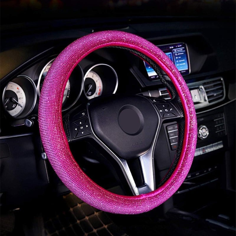 KAFEEK for Women Girls Diamond Steering Wheel Cover with Bling Bling Crystal Rhinestones, Universal 15 inch Anti-Slip,Charm Pink Diamond
