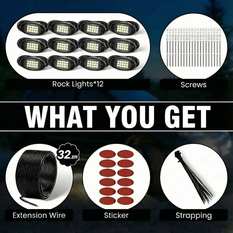 YONEDA 12 Pods White Rock Lights 6000K Ultra Bright LED Neon Underglow Lights IP68 Waterproof for Trucks SUV UTV ATV RZR Car Boats Pickup Motorcycle with 32.8ft Extension Wire - Image 5