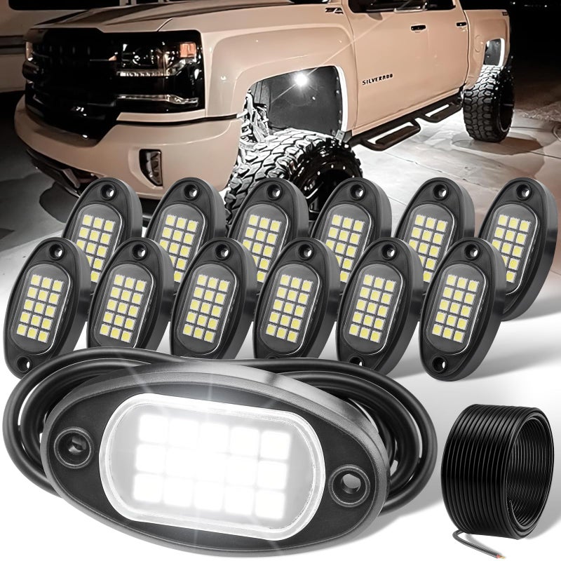 YONEDA 12 Pods White Rock Lights 6000K Ultra Bright LED Neon Underglow Lights IP68 Waterproof for Trucks SUV UTV ATV RZR Car Boats Pickup Motorcycle with 32.8ft Extension Wire - Image 1