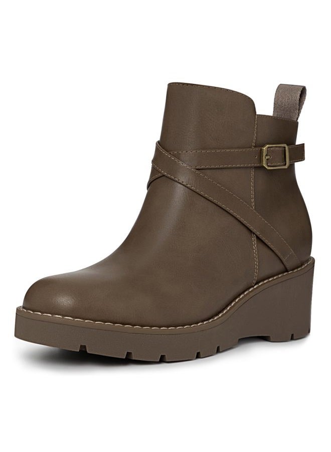 Athlefit Women's Wedge Ankle Boots Fashion Platform Lug Sole Buckle Short Booties with Side Zipper, Taupe, 8 - Image 1