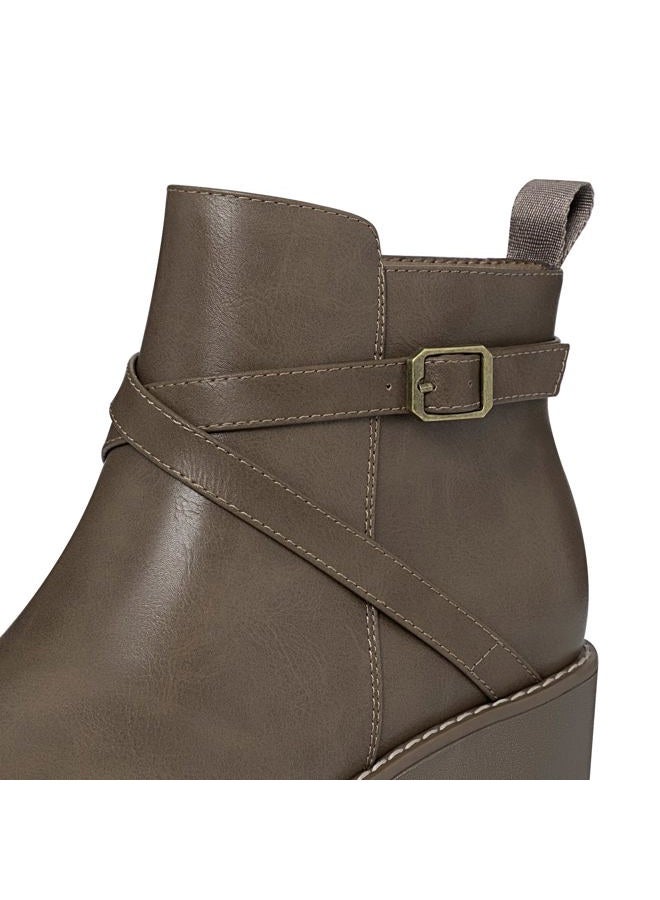 Athlefit Women's Wedge Ankle Boots Fashion Platform Lug Sole Buckle Short Booties with Side Zipper, Taupe, 8 - Image 3