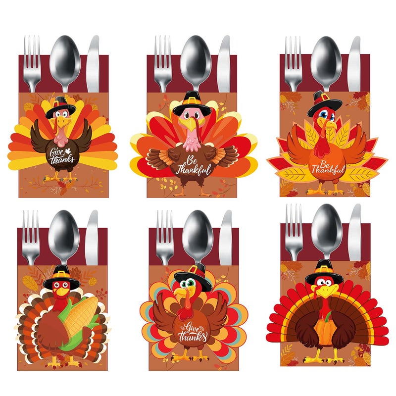 Funnlot 24PCS Thanksgiving Cutlery Holder Set  Turkey Utensil Decor for Autumn Fall Harvest Party Table Decoration