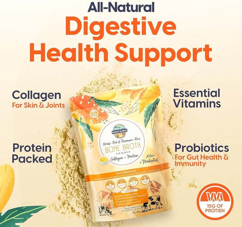 Paradise Naturals Grass-Fed & Hormone-Free Bone Broth Powder with Protein and Collagen - Unsalted (8 Servings) - Image 4