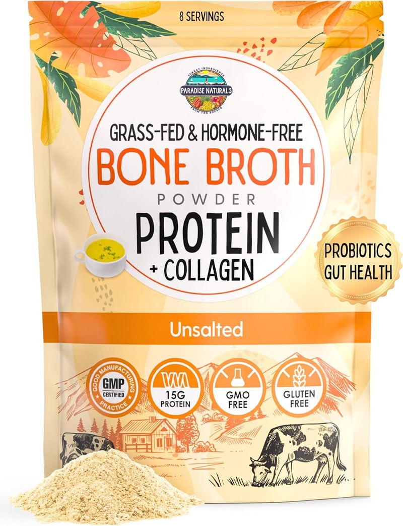 Paradise Naturals Grass-Fed & Hormone-Free Bone Broth Powder with Protein and Collagen - Unsalted (8 Servings) - Image 1