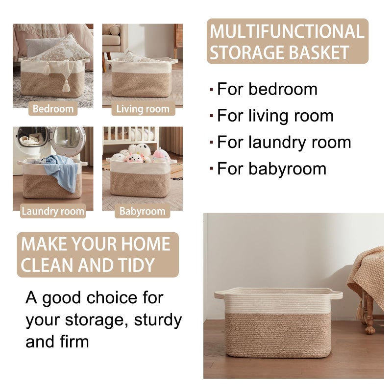 OIAHOMY Large Blanket Basket, 65L Cotton Rope Woven Laundry Basket, Toy Bin for Baby Room, Container for Blanket Storage in Living Room, 20''Ã—16''Ã—12'', Brown & White - Image 4