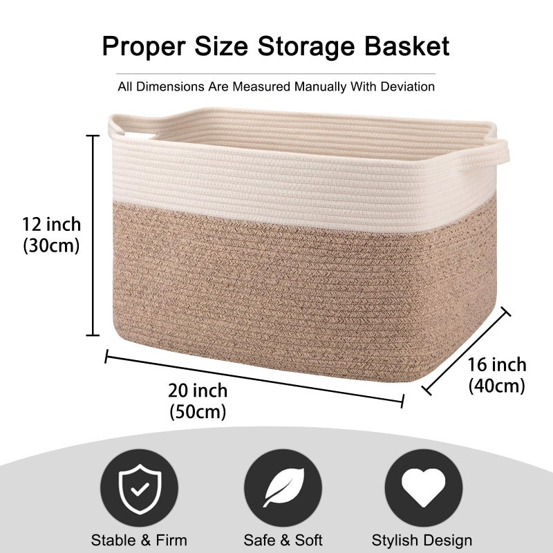 OIAHOMY Large Blanket Basket, 65L Cotton Rope Woven Laundry Basket, Toy Bin for Baby Room, Container for Blanket Storage in Living Room, 20''Ã—16''Ã—12'', Brown & White - Image 3