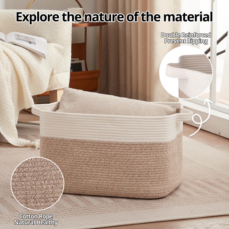 OIAHOMY Large Blanket Basket, 65L Cotton Rope Woven Laundry Basket, Toy Bin for Baby Room, Container for Blanket Storage in Living Room, 20''Ã—16''Ã—12'', Brown & White - Image 5