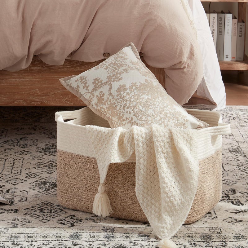 OIAHOMY Large Blanket Basket, 65L Cotton Rope Woven Laundry Basket, Toy Bin for Baby Room, Container for Blanket Storage in Living Room, 20''Ã—16''Ã—12'', Brown & White - Image 2