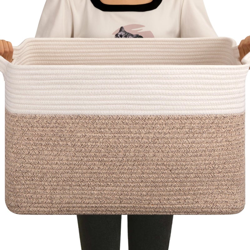 OIAHOMY Large Blanket Basket, 65L Cotton Rope Woven Laundry Basket, Toy Bin for Baby Room, Container for Blanket Storage in Living Room, 20''Ã—16''Ã—12'', Brown & White - Image 1