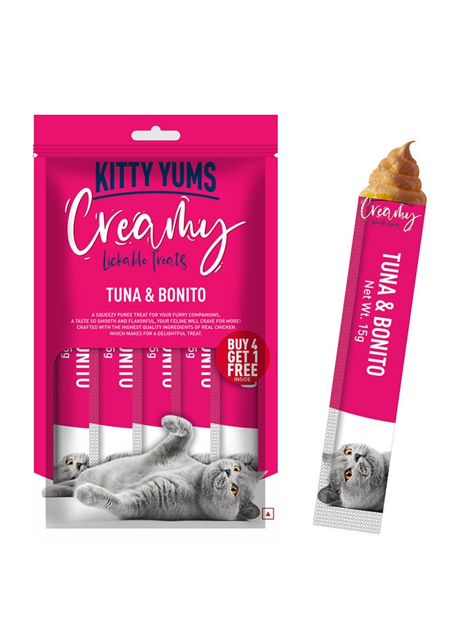 Kitty Yums Creamy Lickable Cat Treats  Tuna & Bonito 5 x 15g - Image 1