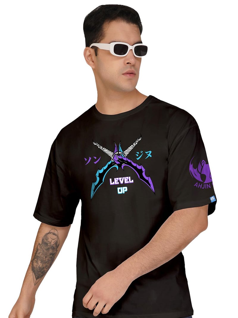 crazymonk Unisex Cotton Solo Leveling Level Up Oversized T-Shirt - Black, Xxl - Image 2