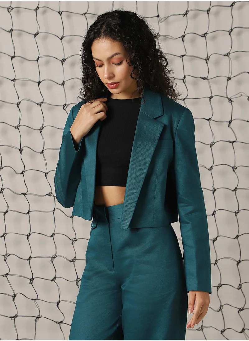 هوبرهولمي Women's Deep Teal Cotton Blend Solid Oversized Blazer