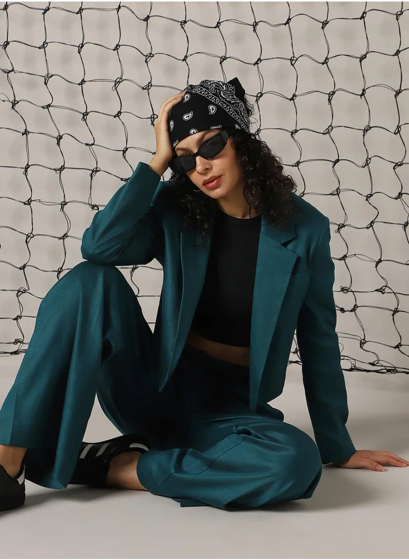 هوبرهولمي Women's Deep Teal Cotton Blend Solid Oversized Blazer